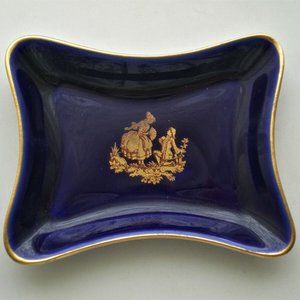 LIMOGES Cobalt Blue Porcelain Gold Courting Couple Jewelry Trinket Dish Tray